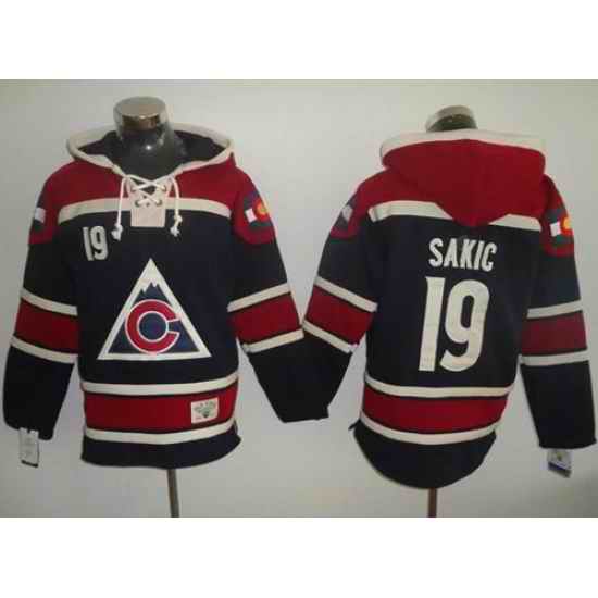 Men Colorado Avalanche 19 Joe Sakic Navy Blue Sawyer Hooded Sweatshirt Stitched NHL Jersey